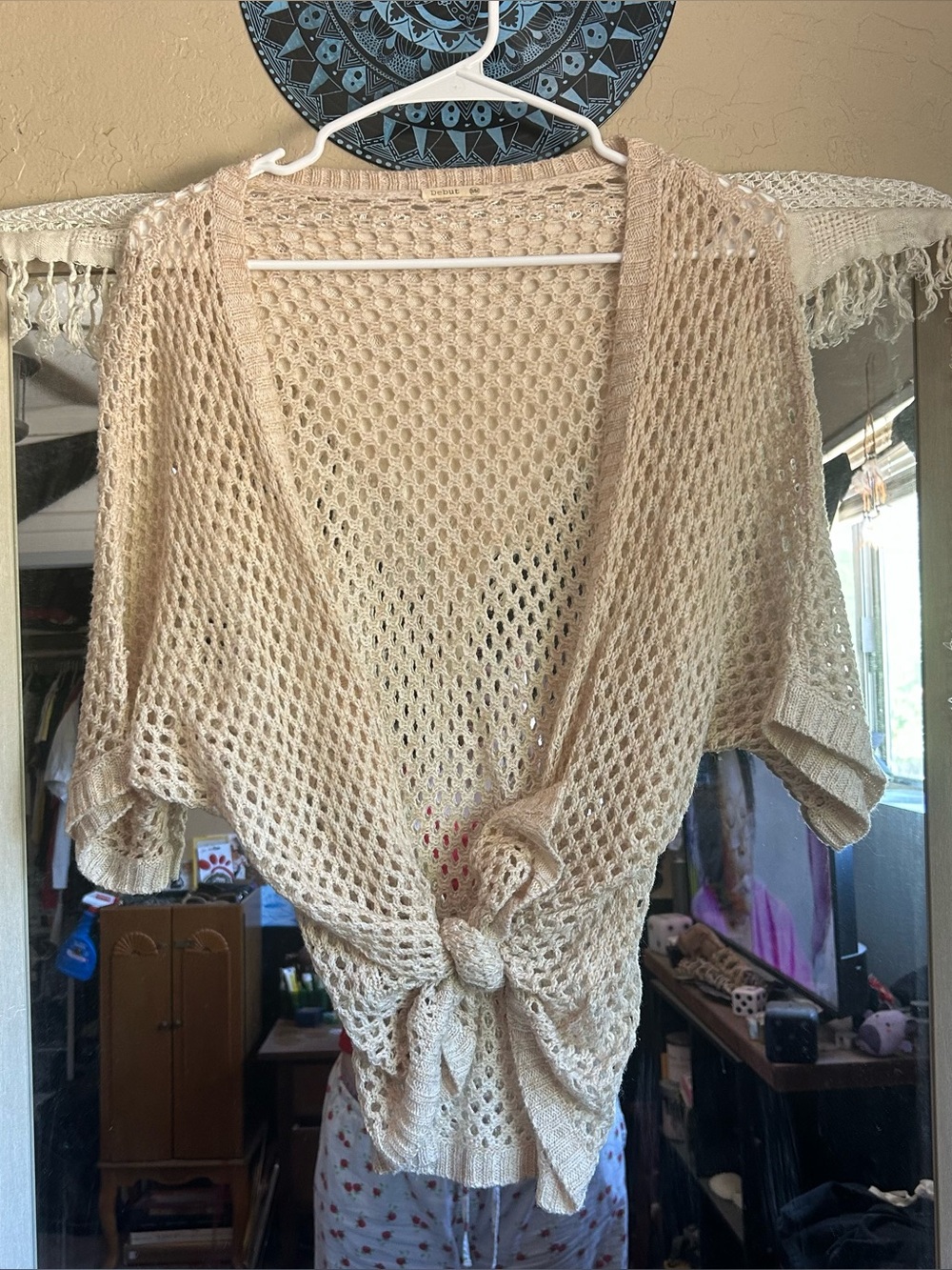 Light Beige Open-Knit Tie-Front Women’s Sweater